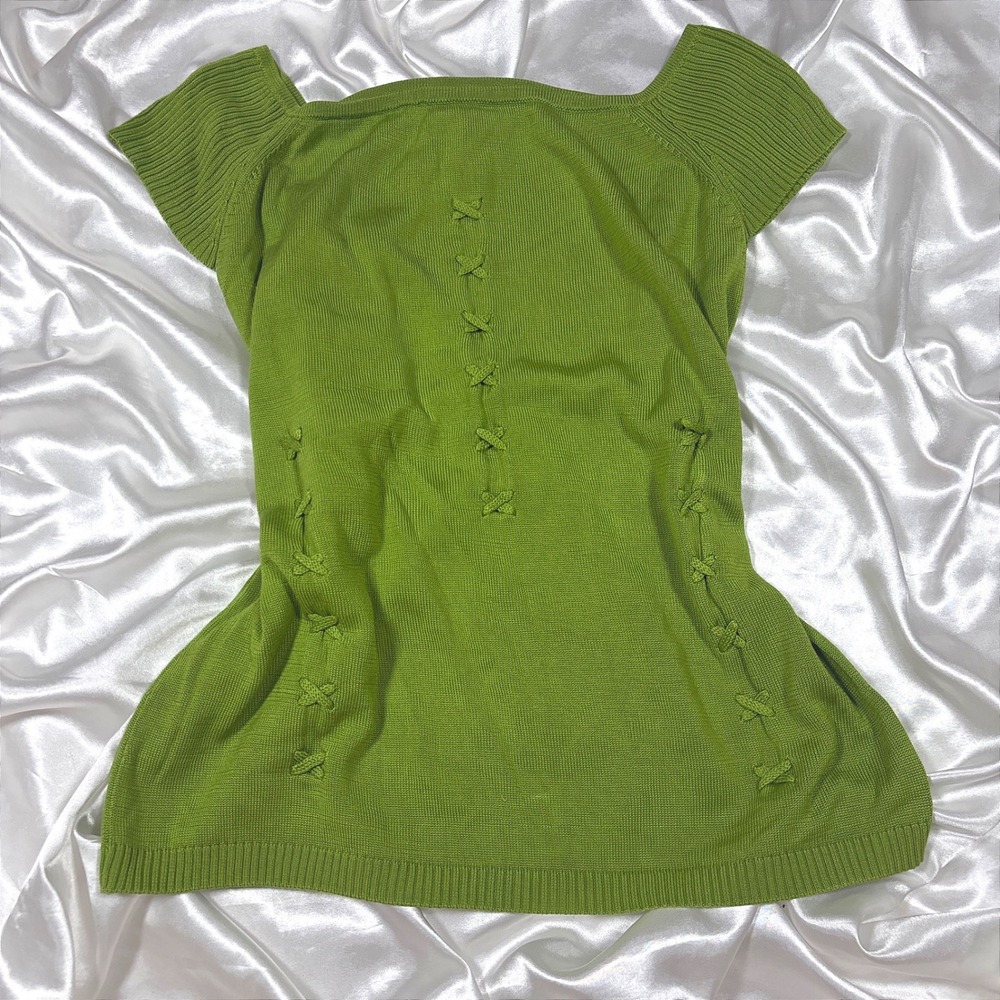 y2k Knit Top Green Excellent Silk Lace Up Cap Sleeve Square Neck Jinchangsiyu